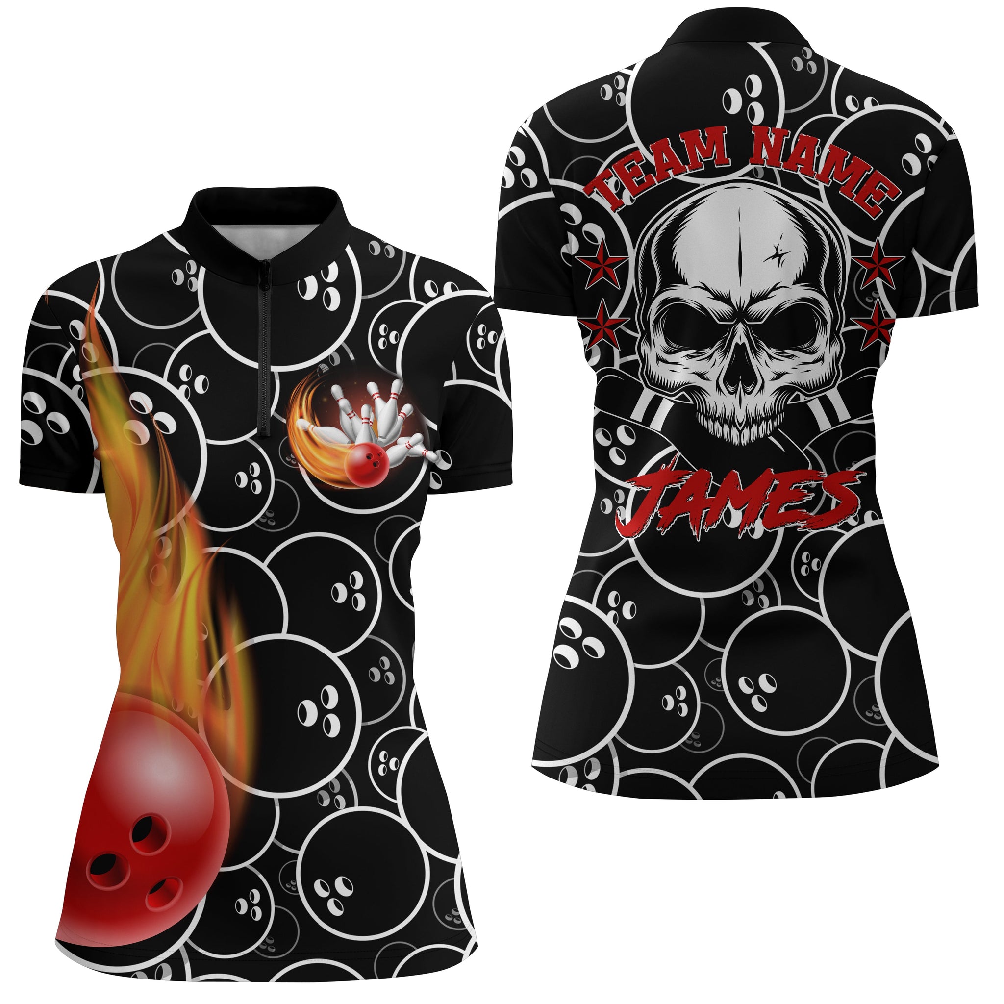 Women's Custom Skull Black Quarter-Zip Bowling Shirt N02