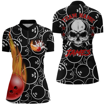 Women's Custom Skull Black Quarter-Zip Bowling Shirt N02