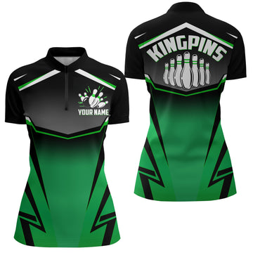 Women's Green Kingpins Quarter-Zip Bowling Shirt N182