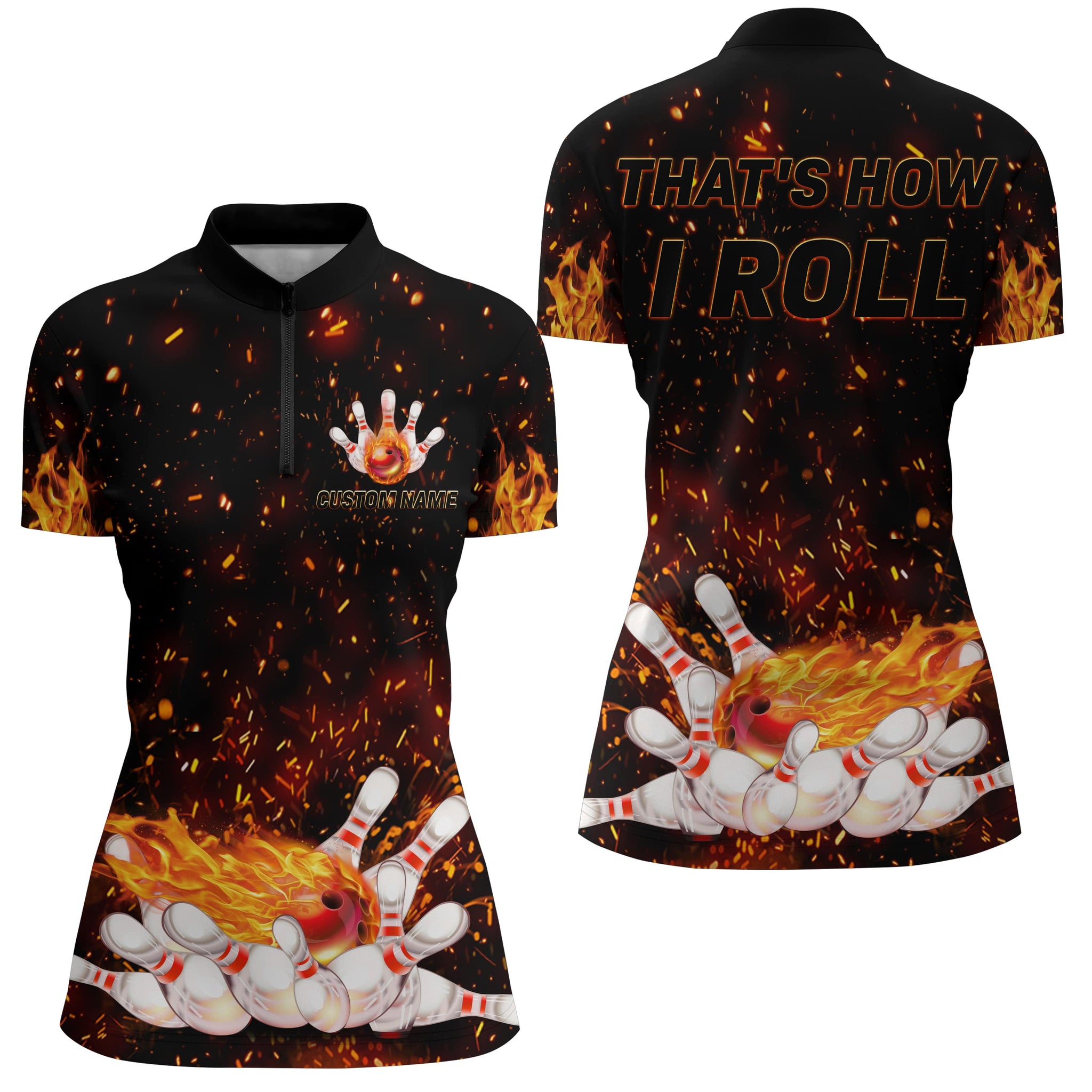Women's Flame Bowling Quarter-Zip Shirt - Custom Name N92