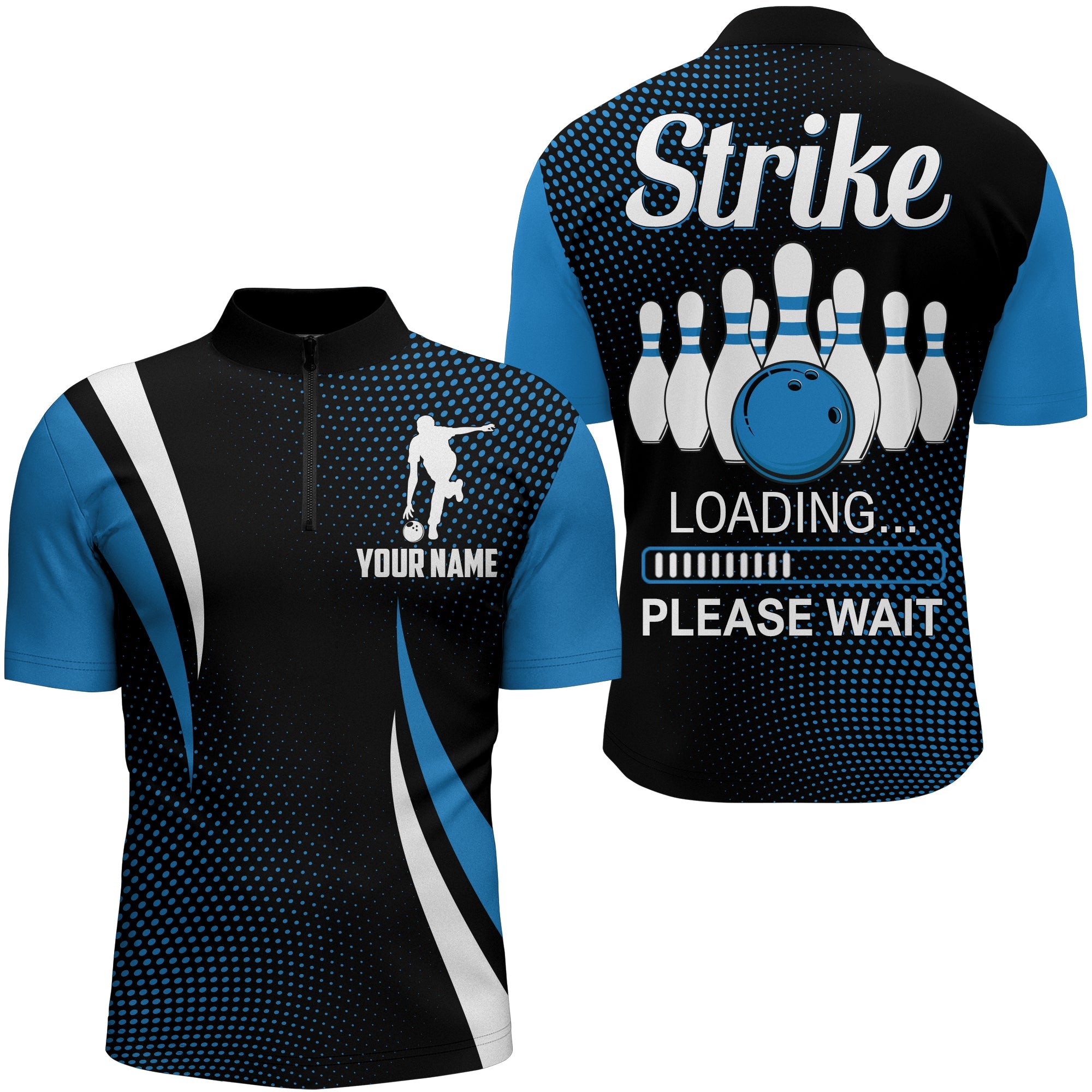 Custom Strike Blue Quarter-Zip Bowling Shirt for Men N155