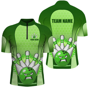 Men's Green 1/4 Zip Bowling Shirt Q278