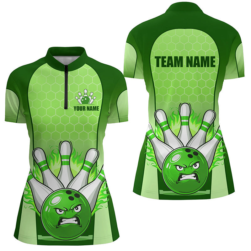 Women's Green 1/4 Zip Bowling Shirt Q278