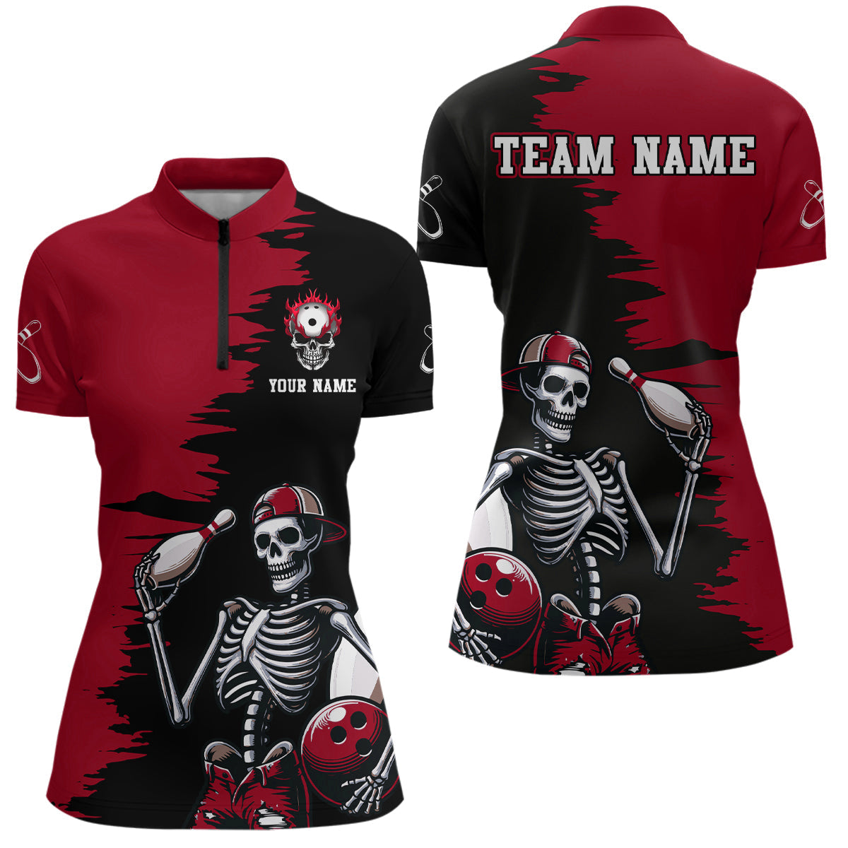 Women's Skull Bowling Quarter Zip Shirt Q407