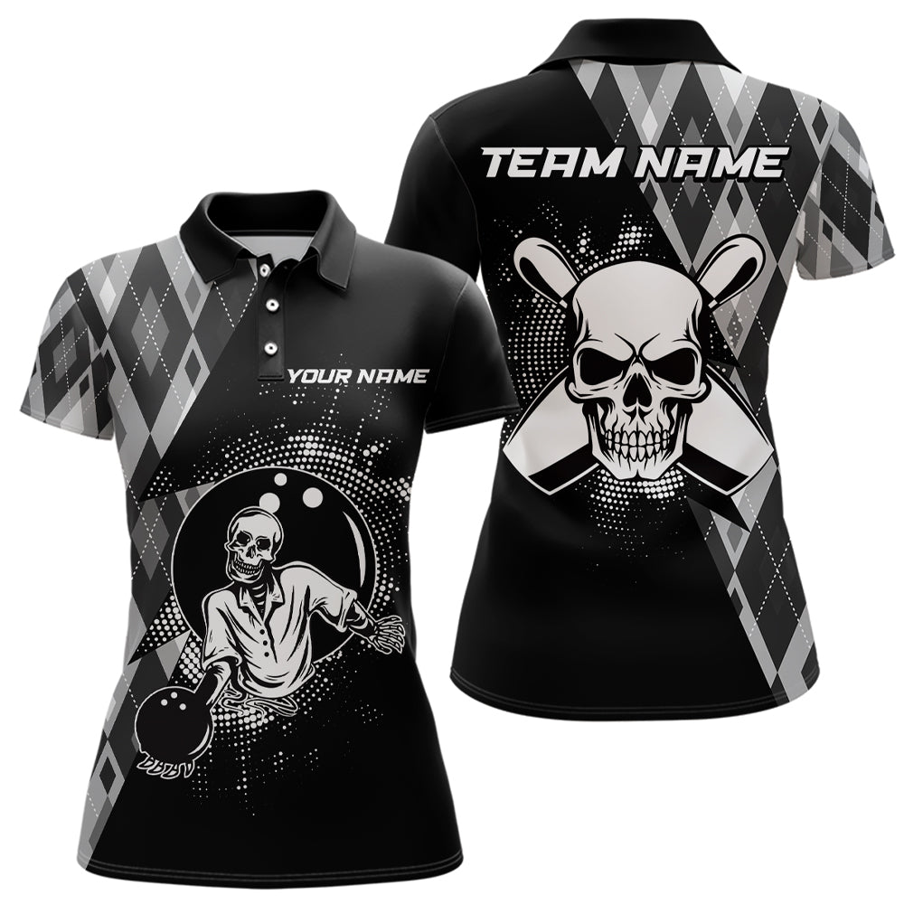 Black Women's Skull Bowling Team Polo Shirt Q422