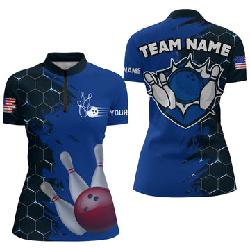 Navy & Black Camo Quarter-Zip Bowling Shirt for Women Q266