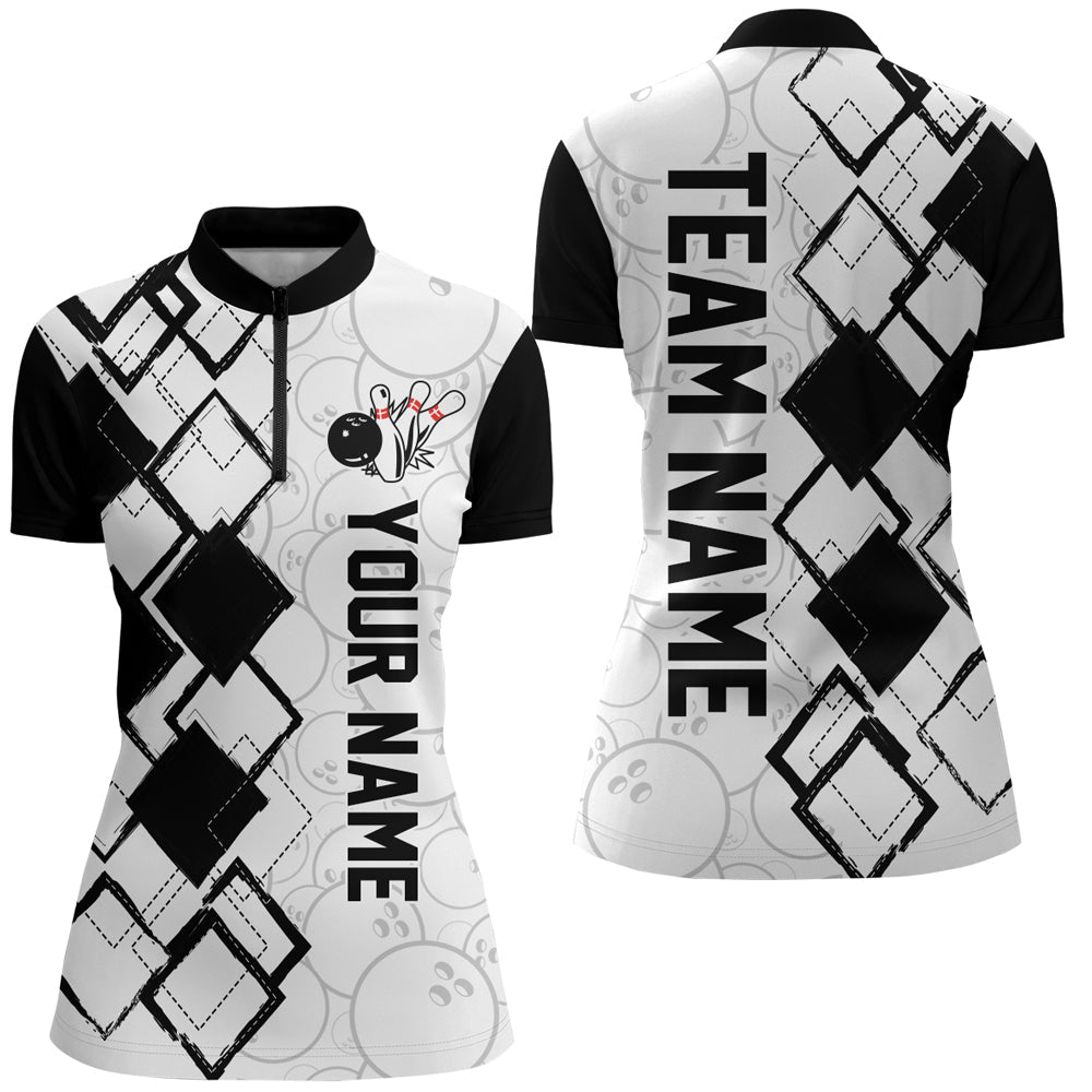 Women's Black & White Camo 1/4 Zip Bowling Shirt Q436