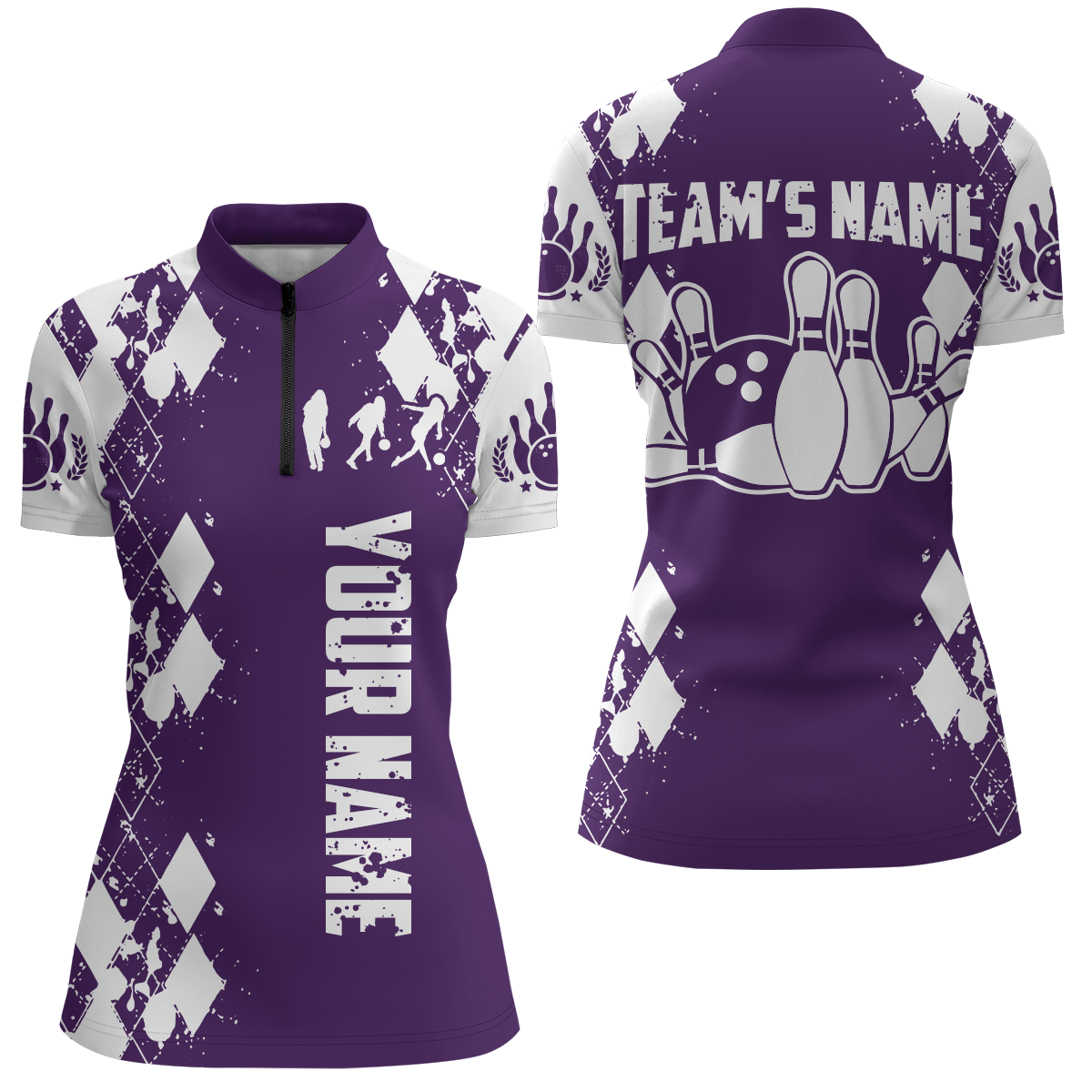 Custom Purple & White Quarter-Zip Bowling Shirt for Women Q264