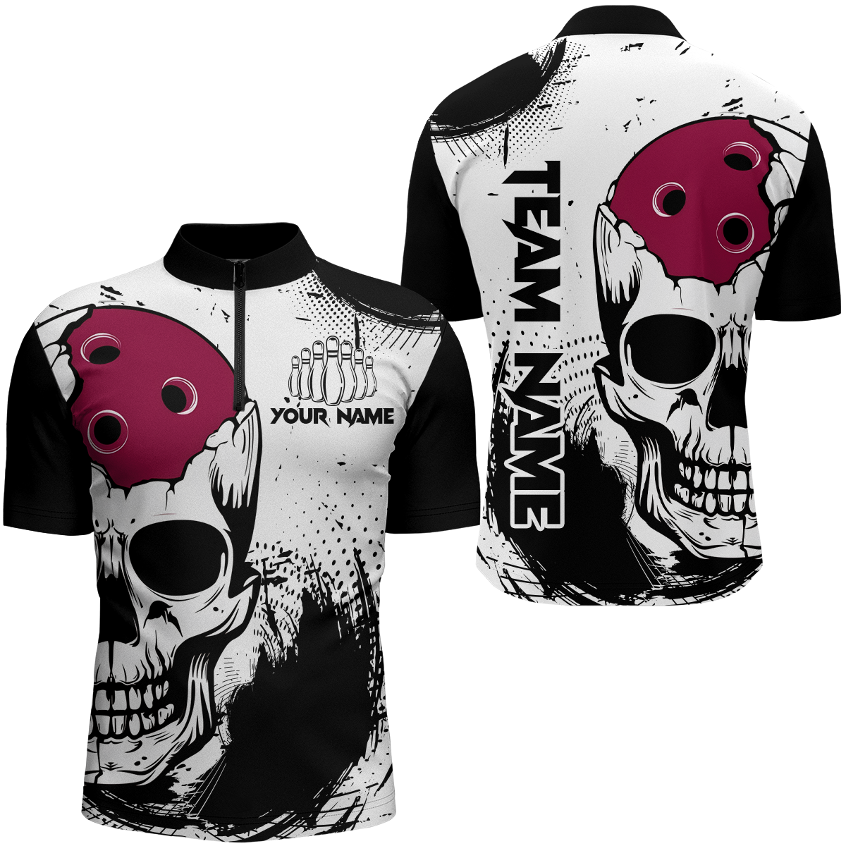 Skull Bowling Team Personalised Quarter-Zip Shirt for Men Q275