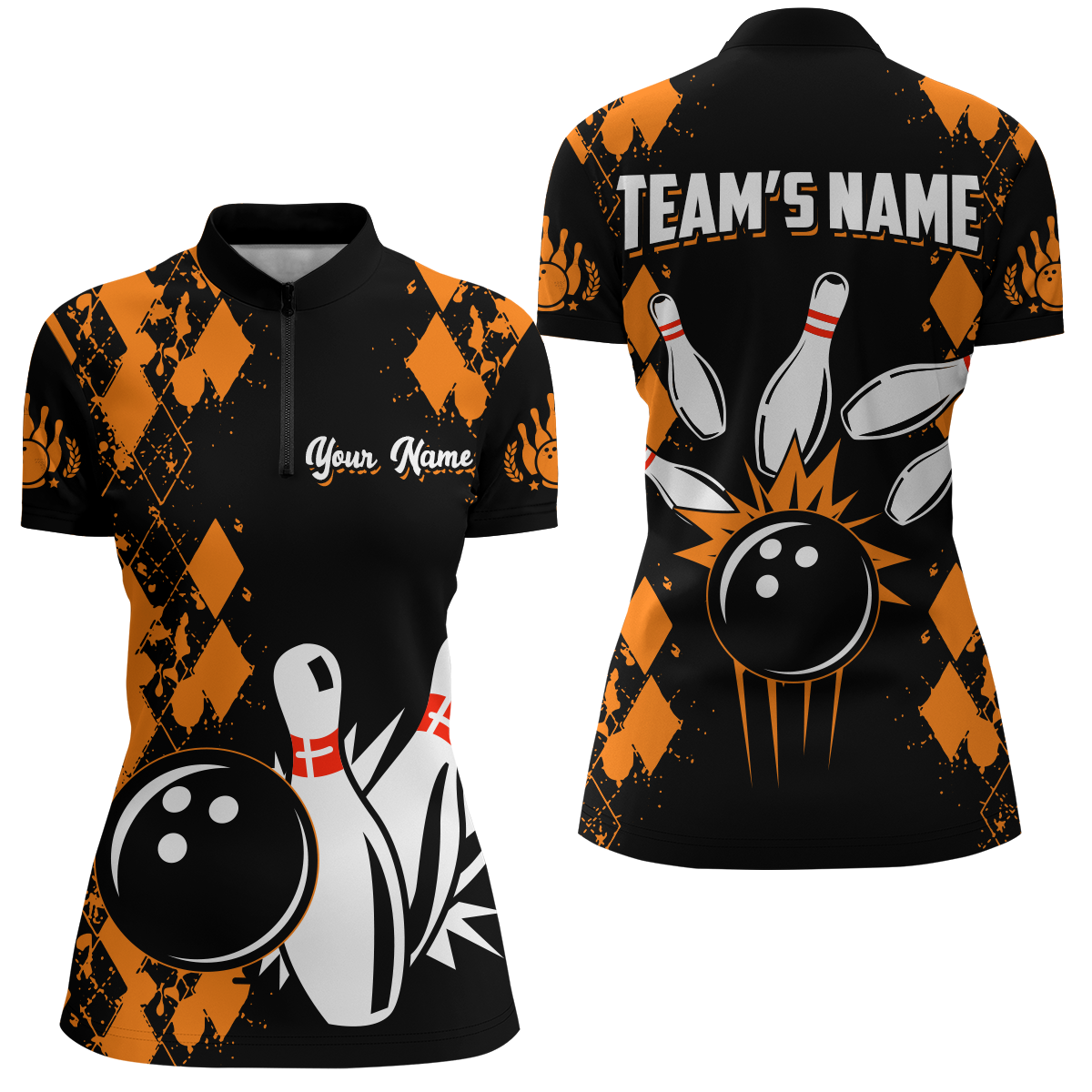 Personalised Orange 1/4 Zip Bowling Shirt for Women Q430