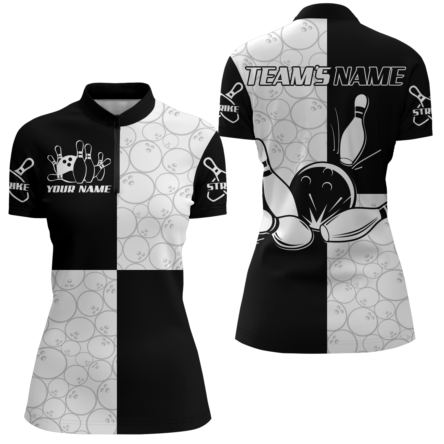 Women's Black & White Bowling 1/4 Zip Shirt Q101