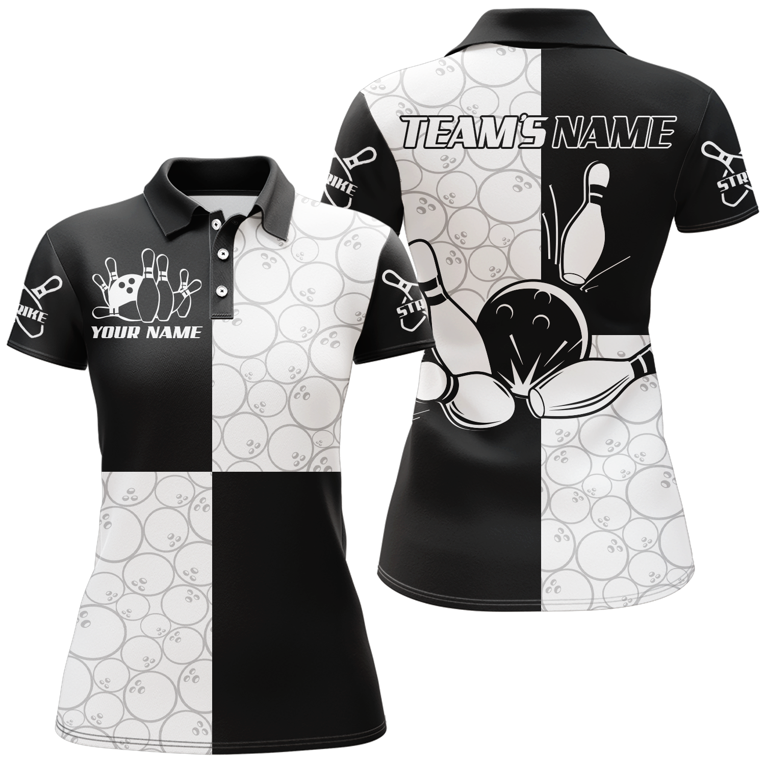 Women's Black & White Bowling Team Polo Shirt Q101
