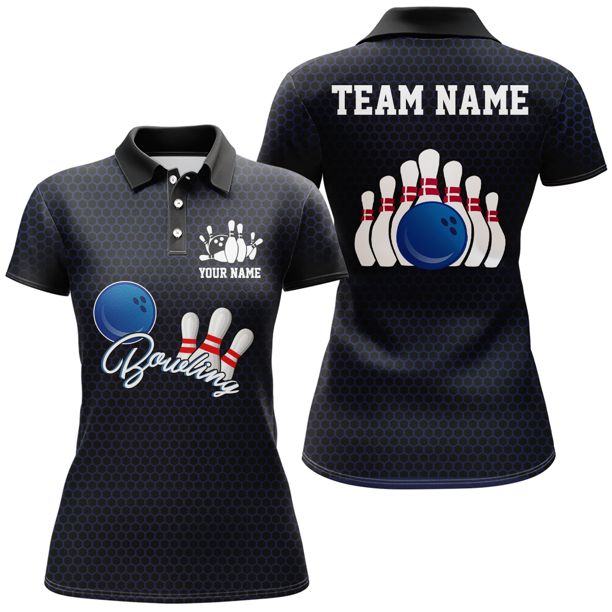 Women's 3D Black Bowling Polo Jersey Q117