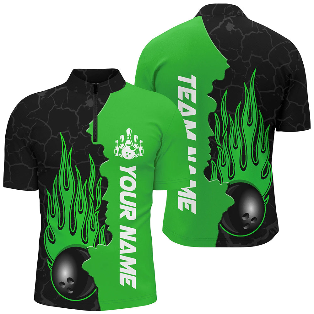 Green Flame Bowling Quarter Zip Shirts for Men & Women B471