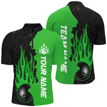 Green Flame Bowling Quarter Zip Shirts for Men & Women B471