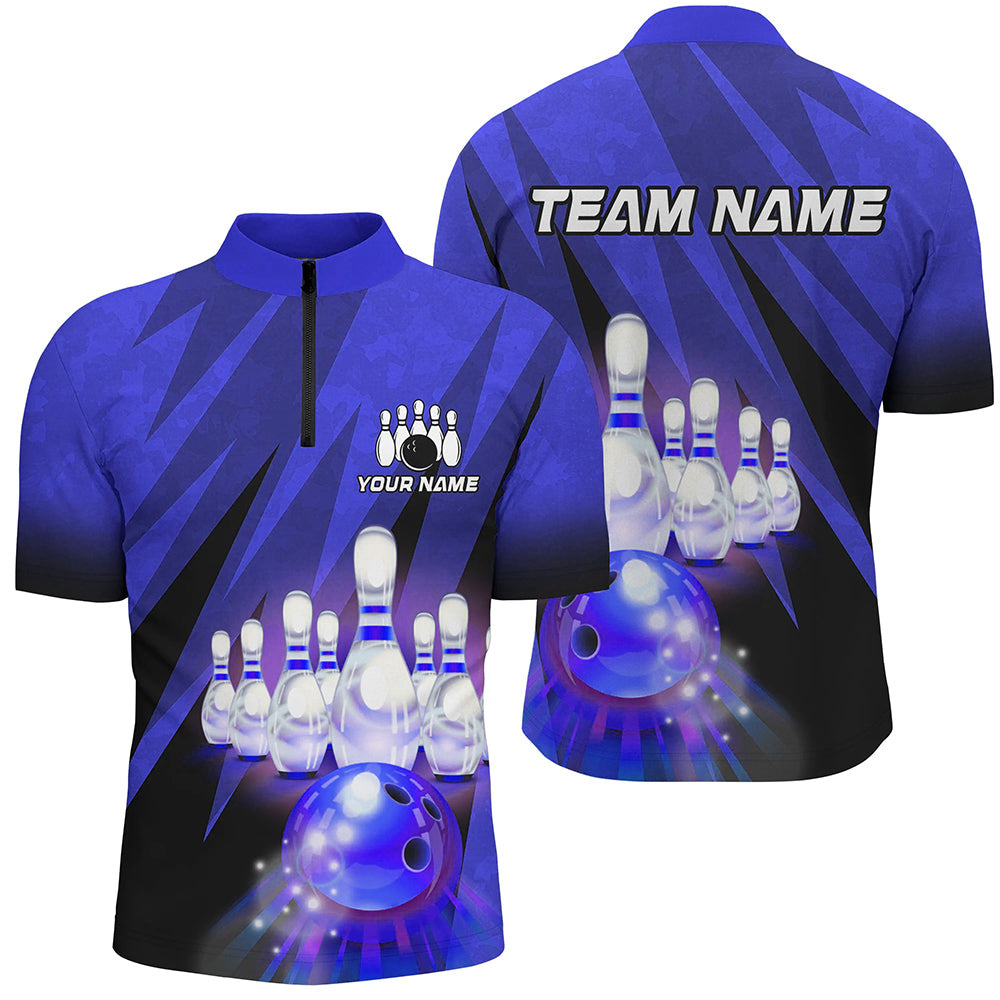 Custom Blue 1/4 Zip Bowling Shirt for Couples B501