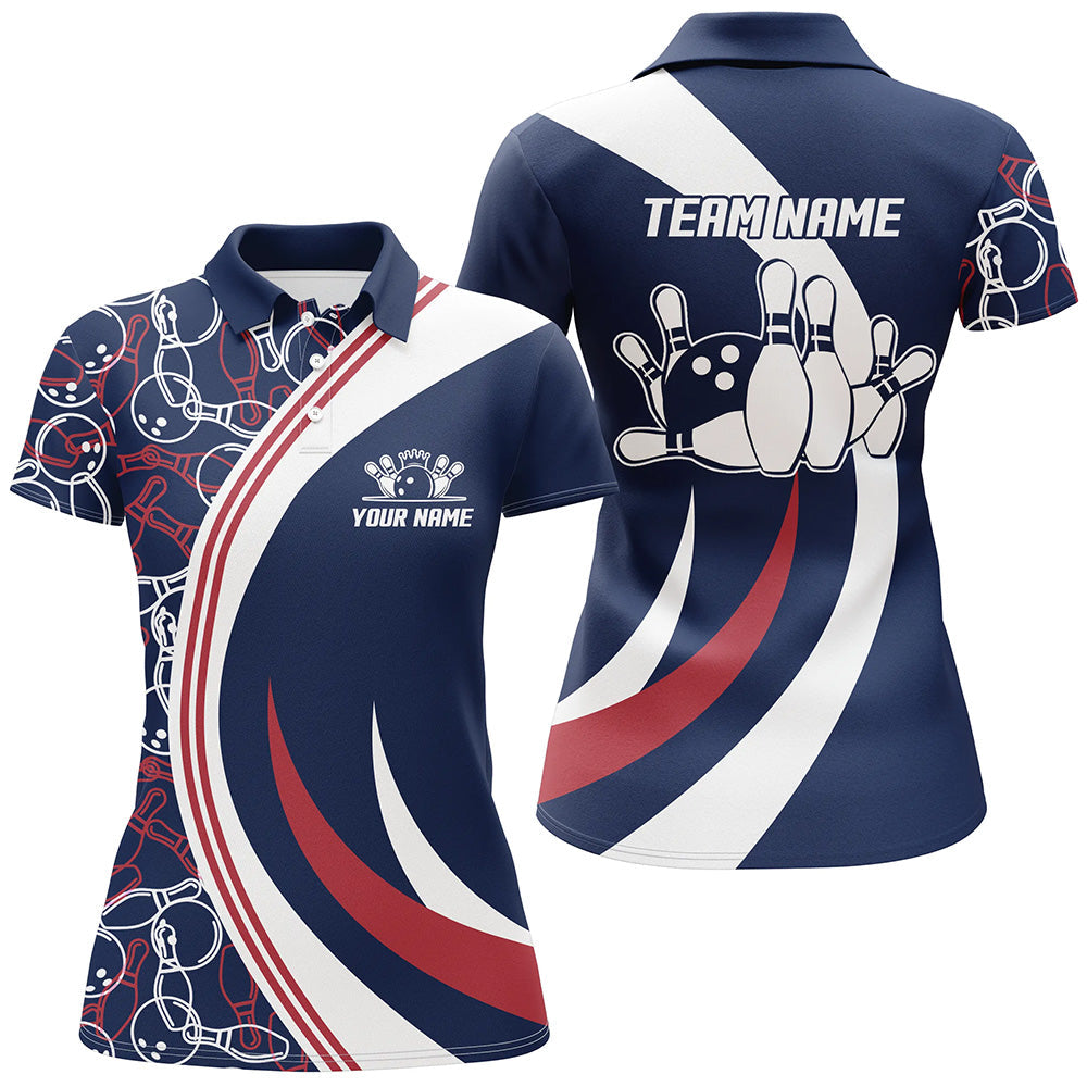 Women's Custom Blue & Red Bowling Polo Shirt B107