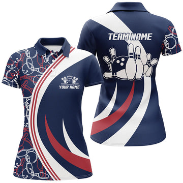 Women's Custom Blue & Red Bowling Polo Shirt B107