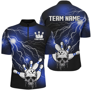 Skull Bowling 1/4 Zip Shirt Light Thunder Blue Unisex Halloween Jersey B541