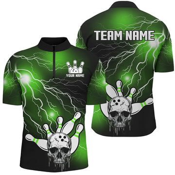 Skull Bowling 1/4 Zip Shirt - Unisex Light Thunder Green Halloween Jersey B541
