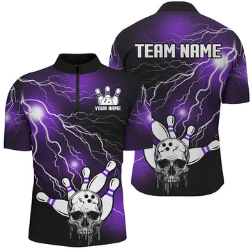 Skull Bowling 1/4 Zip Shirt - Light Thunder Purple - Unisex Halloween Jersey B541