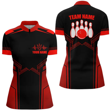 Red Women's Bowling Quarter Zip Jersey with Custom Name B73