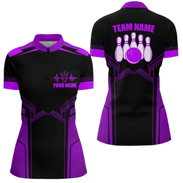 Women's Purple Bowling Quarter Zip Jersey with Custom Name B81