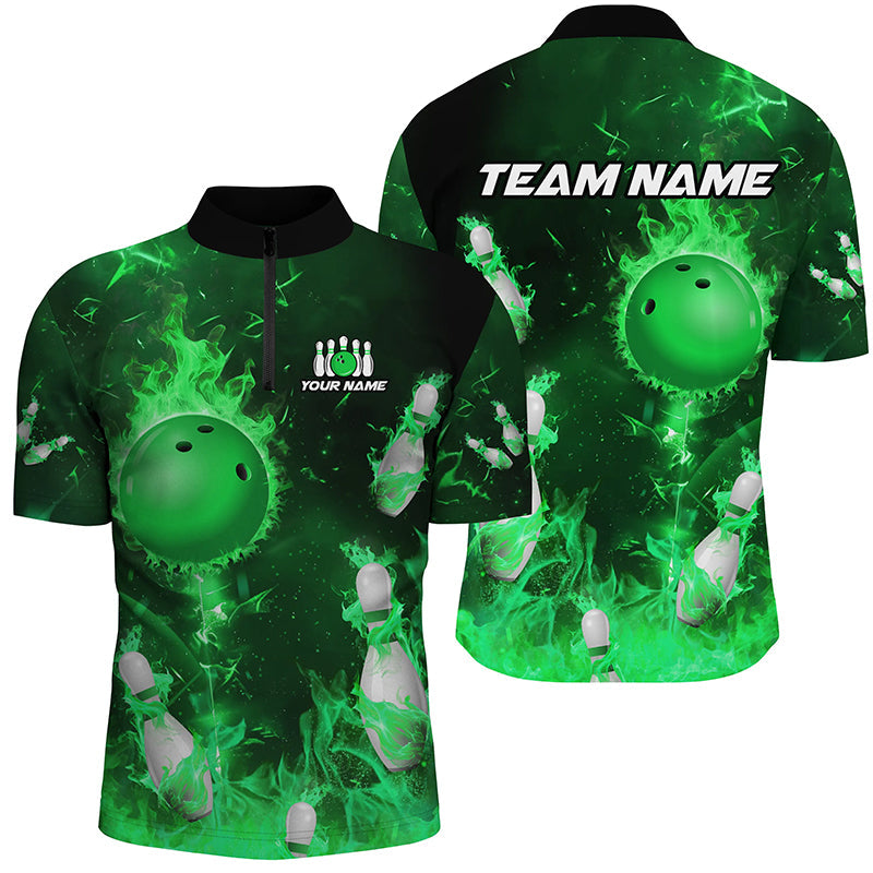 Green Flame 1/4 Zip Bowling Shirt for Men & Women B529