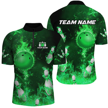 Green Flame 1/4 Zip Bowling Shirt for Men & Women B529