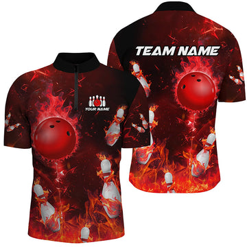 Red Flame Bowling Shirts 1/4 Zip Team Jersey for Men & Women B529