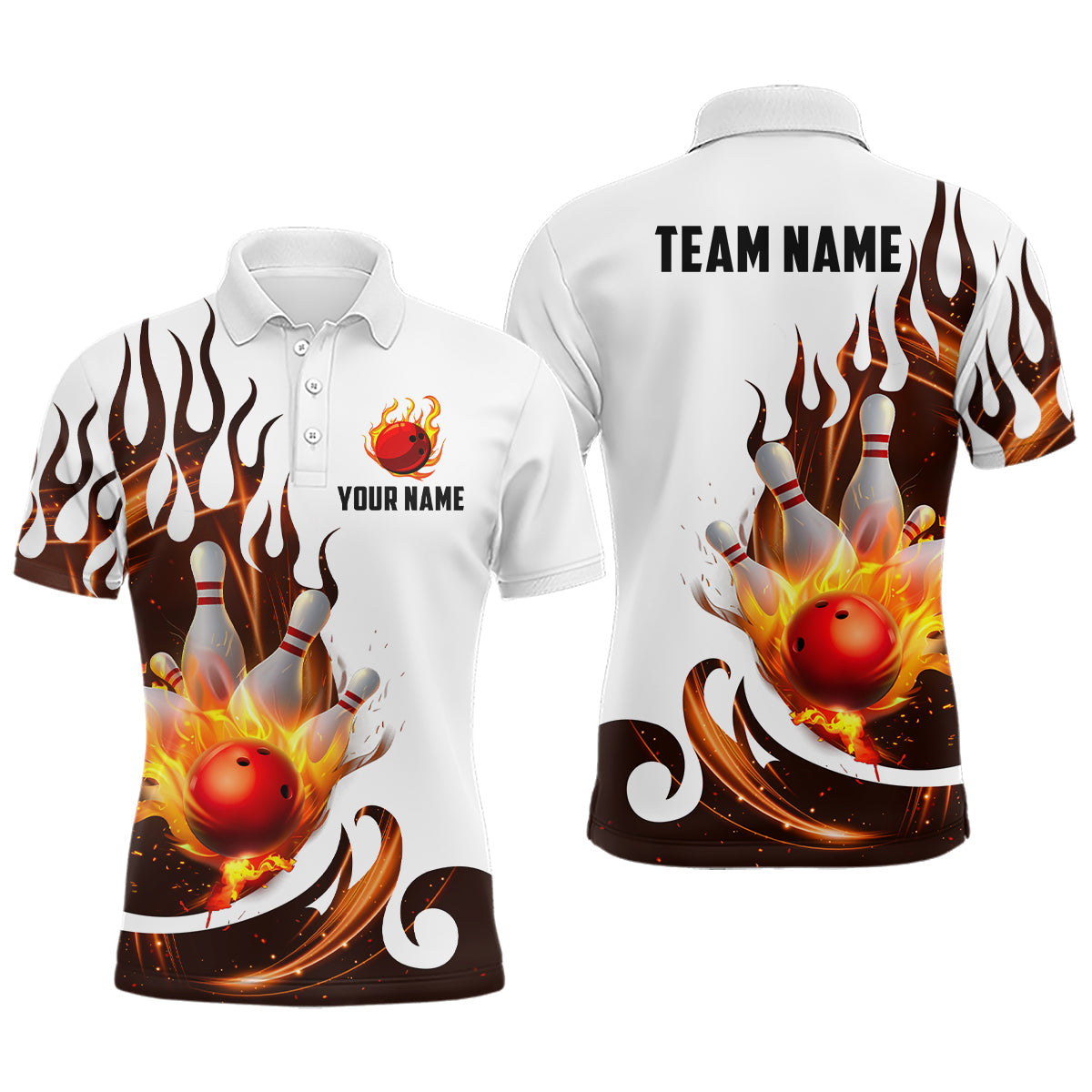 White & Orange Custom Flame Bowling Polo for Men & Women B537