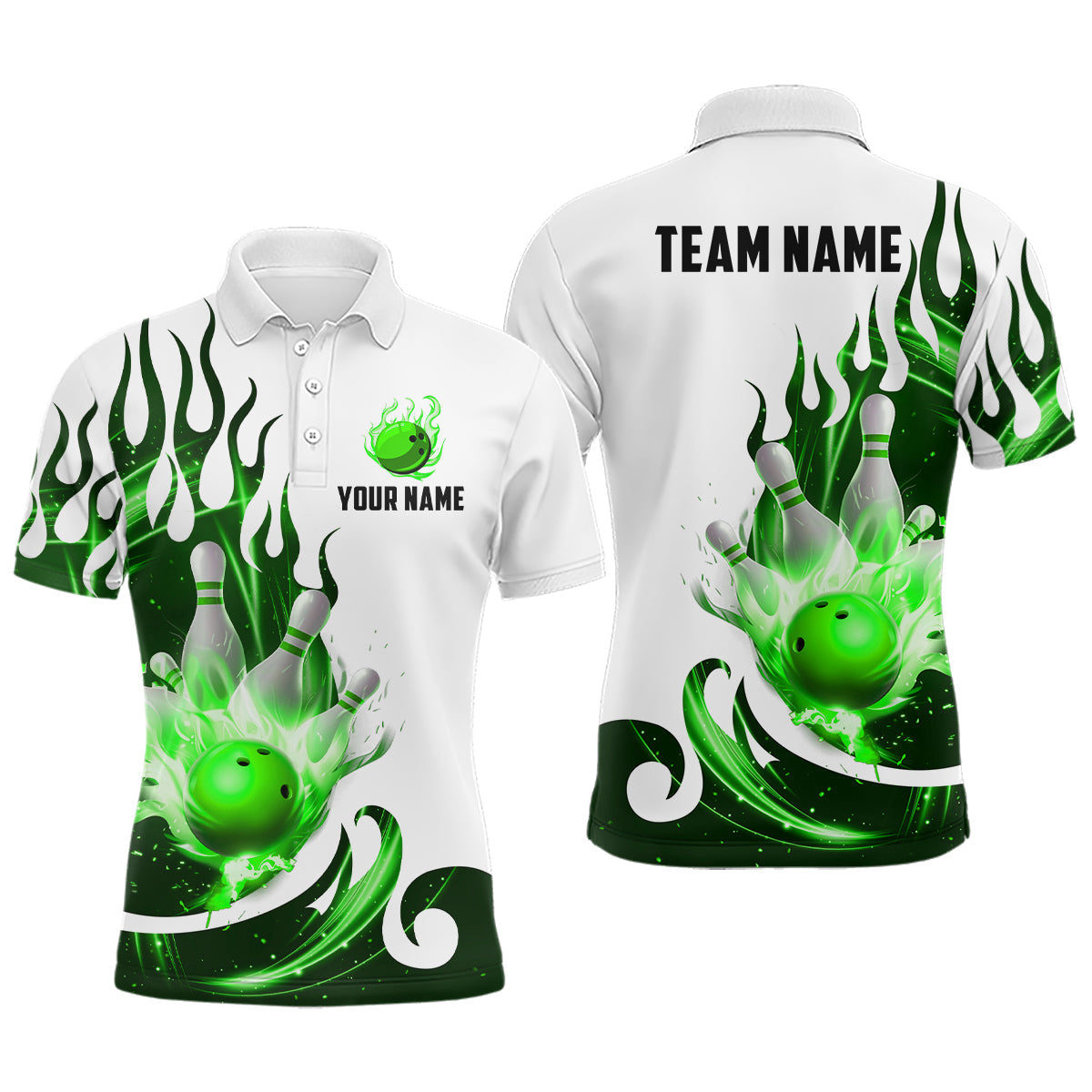 White & Green Custom Flame Bowling Polo for Men & Women B537