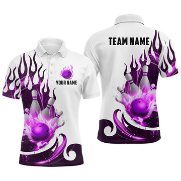 Custom Flame Bowling Team Polo Shirt - White & Purple - Unisex B537