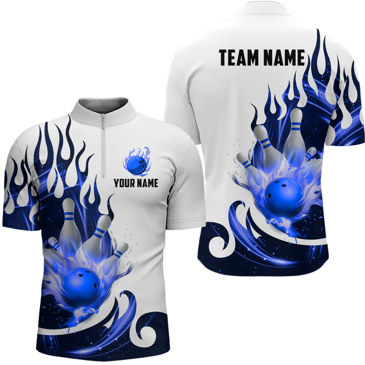 White & Blue Custom Flame Bowling Team Quarter-Zip Shirt for Men & Women B537