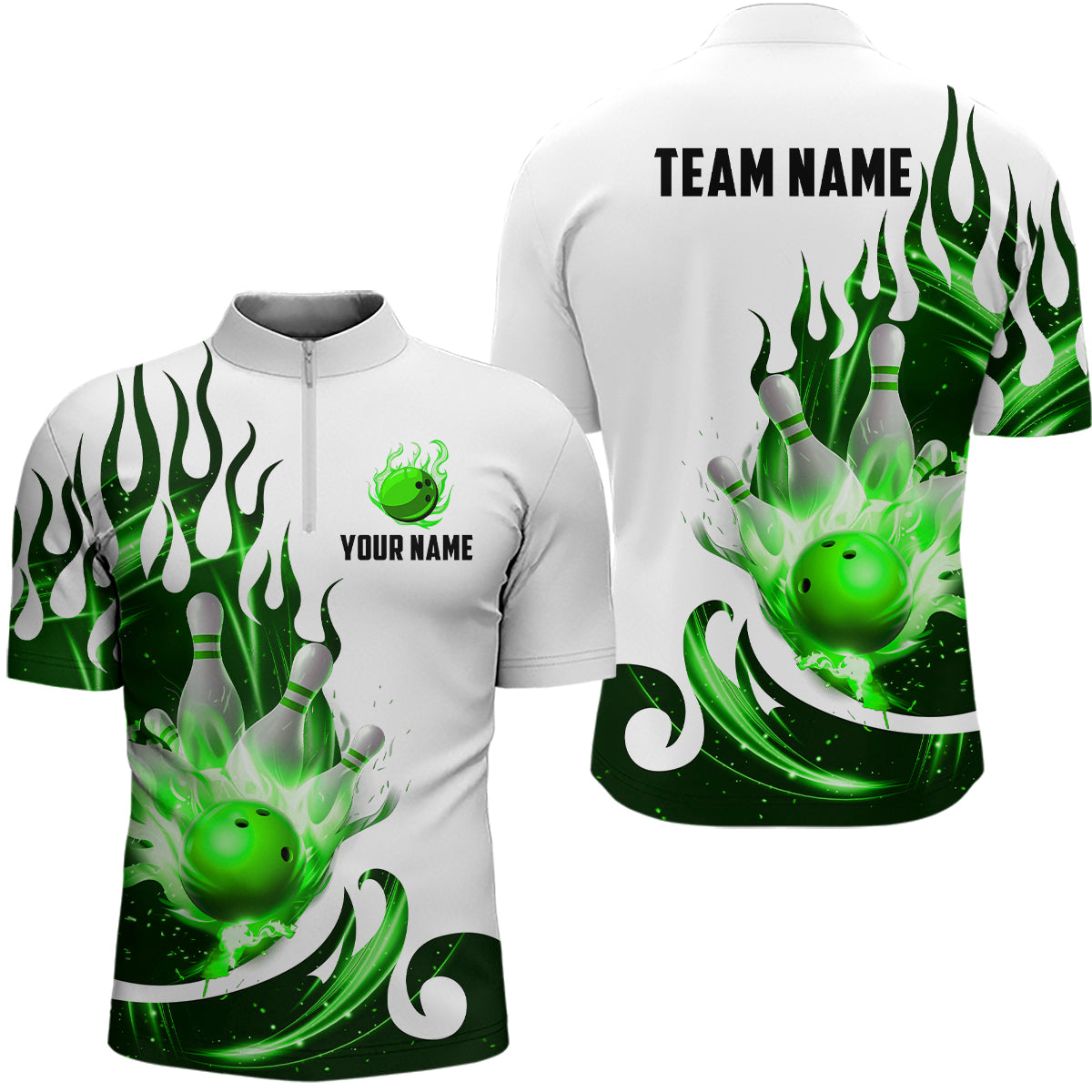White & Green Custom Flame Bowling Team Jersey Quarter-Zip for Men & Women B537