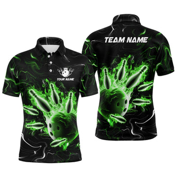 Unisex Green Flames Bowling Polo Shirt B542