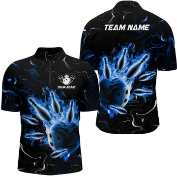 Custom Blue Flames 1/4 Zip Bowling Shirt - Unisex B542