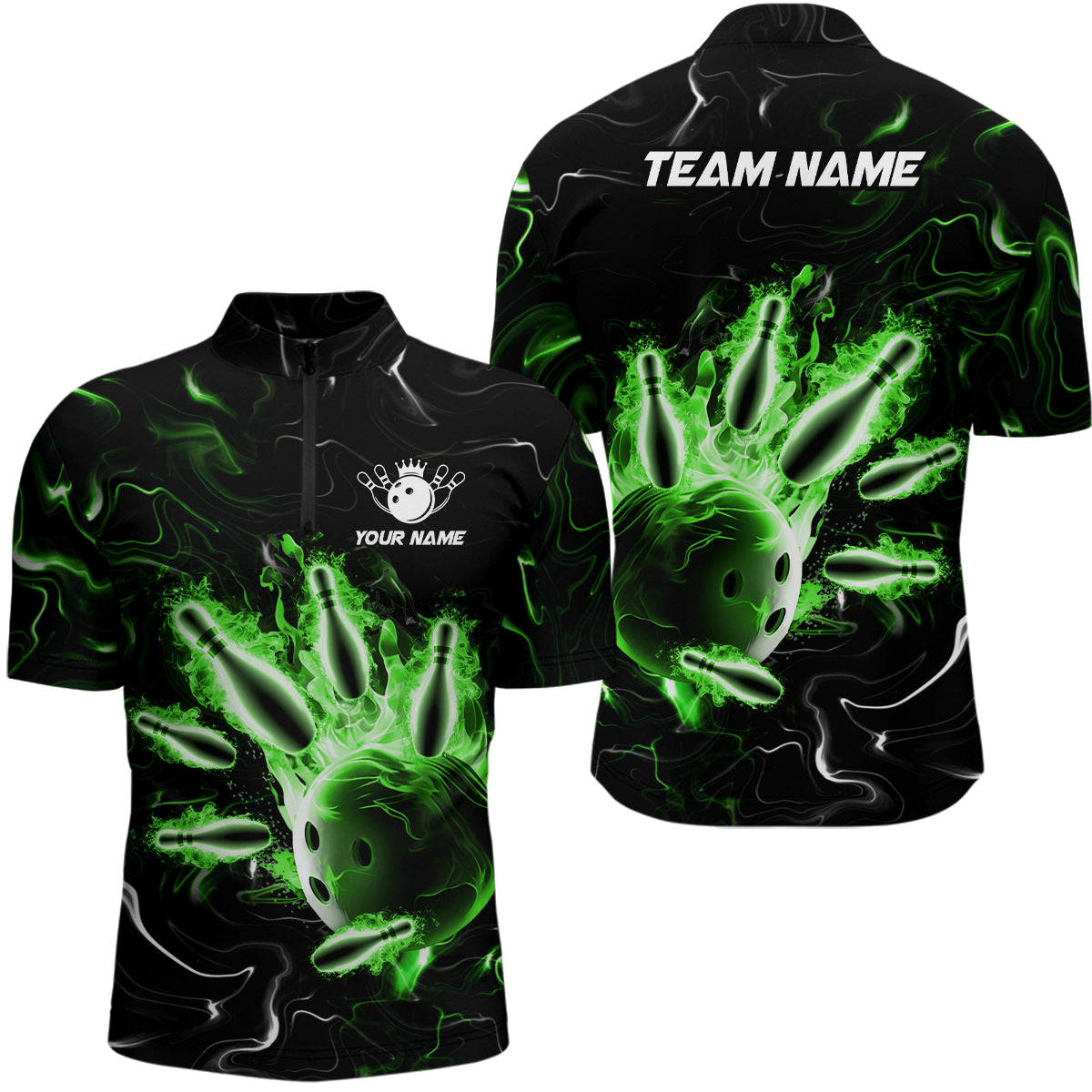 Unisex Green Flames Bowling Shirt 1/4 Zip B542