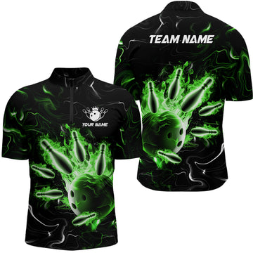 Unisex Green Flames Bowling Shirt 1/4 Zip B542