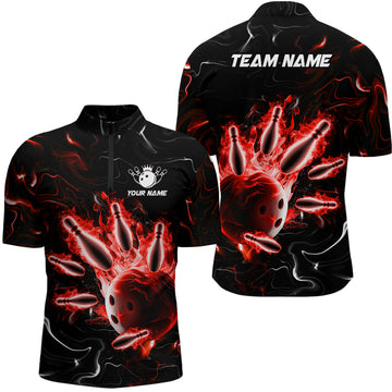 Unisex Red Flames 1/4 Zip Bowling Shirt B542