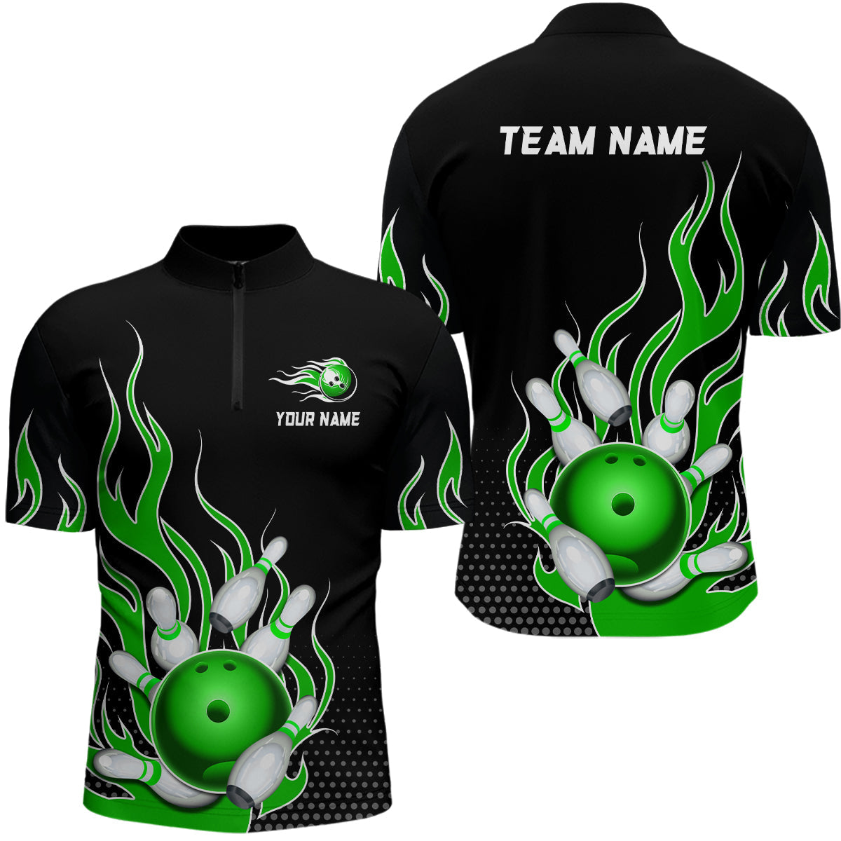 Green Flame Bowling Quarter Zip Shirt - Unisex Team Jersey B477