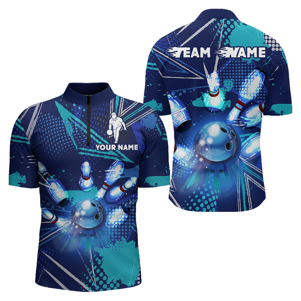 Men's Custom Blue Bowling Quarter Zip Shirt B96