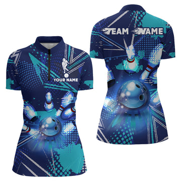Women's Custom Blue Bowling Quarter Zip Jersey B97