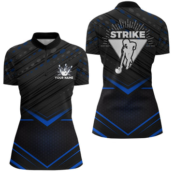 Women's Blue & Black Bowling Quarter-Zip Shirt B259