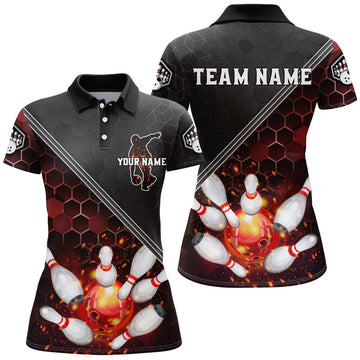 Red & Black Flame Bowling Polo Shirt for Women B299