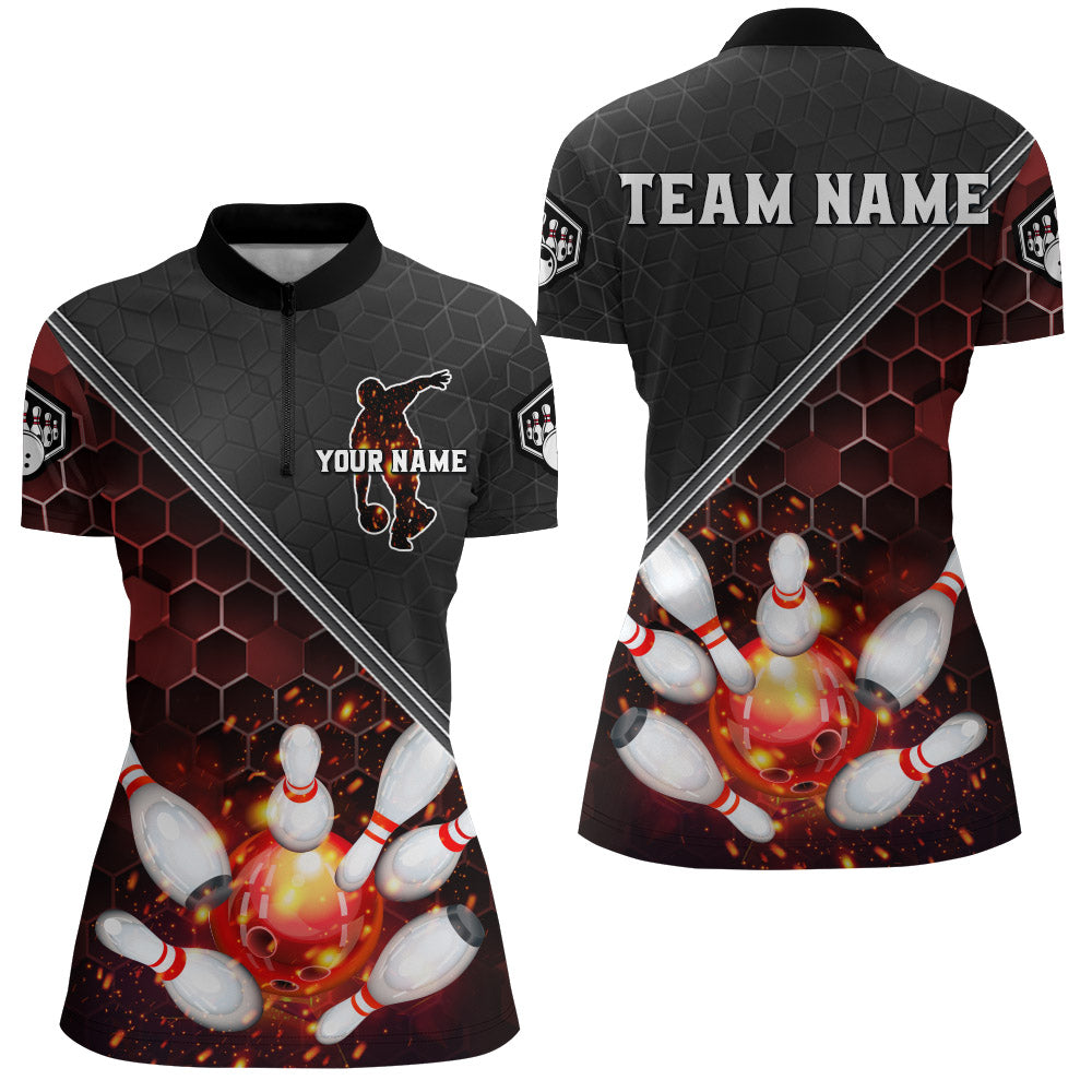 Red & Black Flame Bowling Quarter-Zip Jersey for Women B299