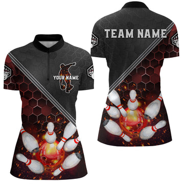Red & Black Flame Bowling Quarter-Zip Jersey for Women B299