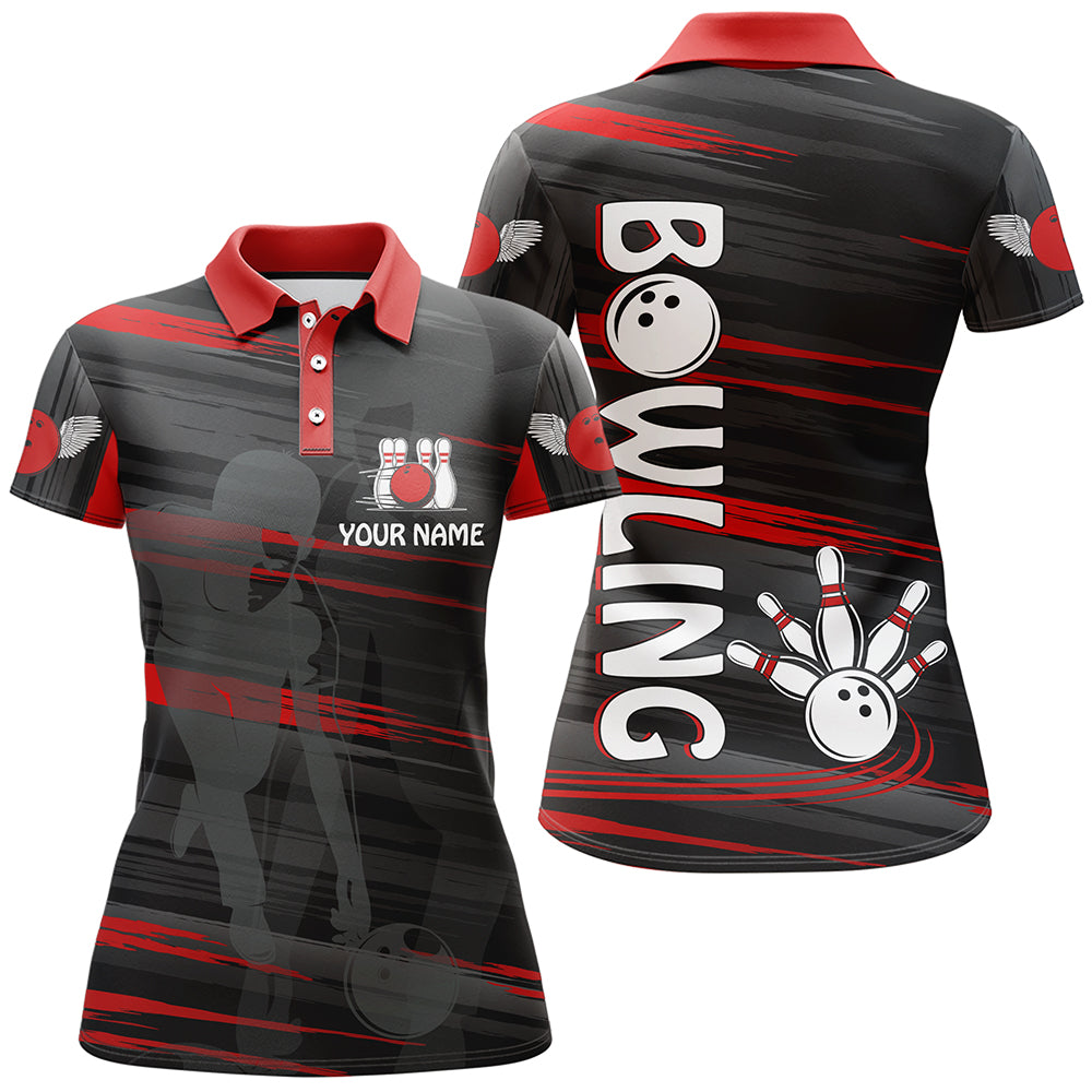 Custom Red & Black Bowling Polo Shirt for Women B08