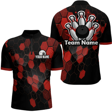 Men's Black & Red Bowling Jersey - Custom Quarter-Zip Team Shirt B315