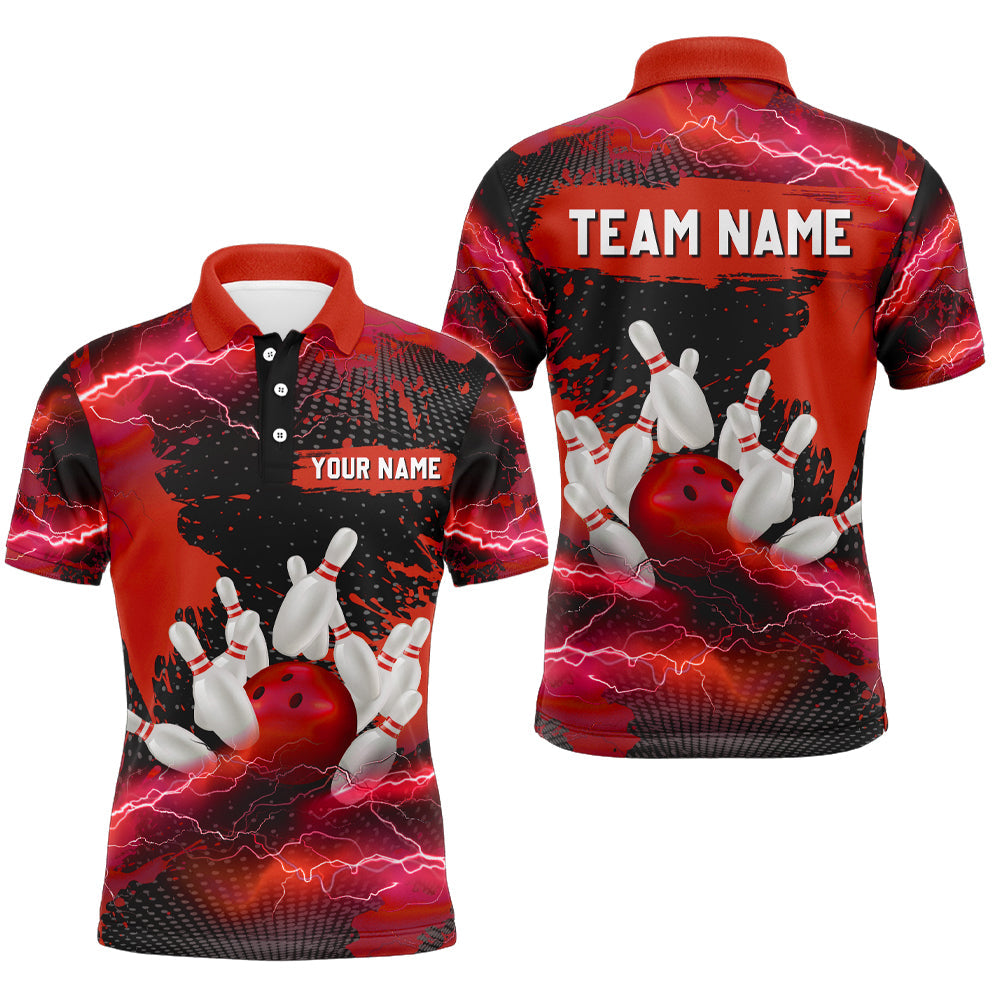 Red Bowling Polo Shirts for Men & Women - Lightning Thunder Team Jerseys B455